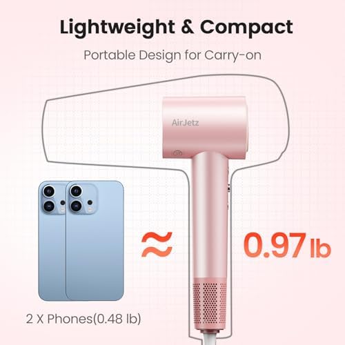 Hair Dryer, 160,000 RPM High-Speed Ionic Blow Dryer for Fast Drying, Professional Lightweight Hairdryer with Diffuser, Magnetic Nozzle, 4 Temps & 2 Speeds, Low Noise for Travel & Home - Pink