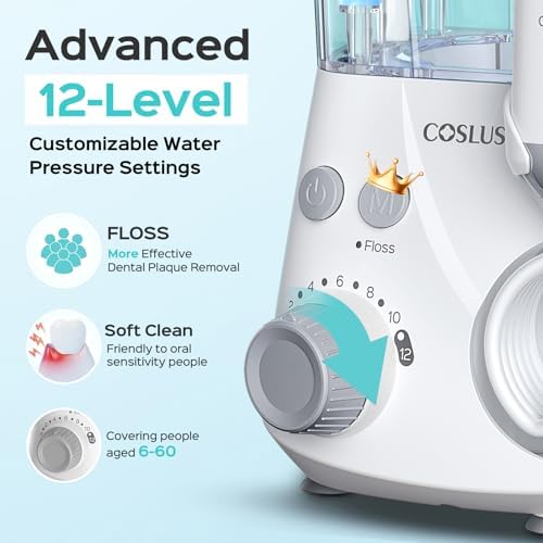 COSLUS Professional Water Flosser for Teeth: 2 Modes & 12 Pressure Settings Electric Dental Pick for Orthodontic, Braces, Sensitive Gums - Home Use, 5 Jet Tips for Multiple Users, Family, White, E2