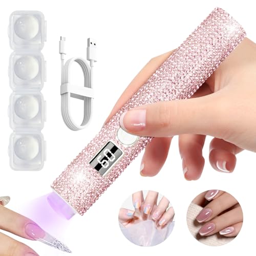 Glitter UV Nail Lamp for Handheld, Portable Mini UV Light for Gel Nails, Gel Nail Stickers for Fast Curing, LCD Screen Polish USB Nail Dryer for Home DIY Manicure, Pink Diamond