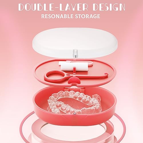 Double Layer Retainer Case Portable Aligner Case for Orthodontics Build In Mirror With Removal Tool,Chewies&Cleaning Brush Kit