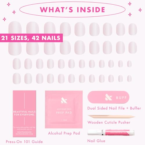Olive & June Instant Mani Press-On Nails (Glue) Extra Short, Round 42 Fake Nails, 21 Sizes Non-Toxic, Long-Lasting Recycled Materials Realistic Look, Salon-Quality at Home Strawberry Scone