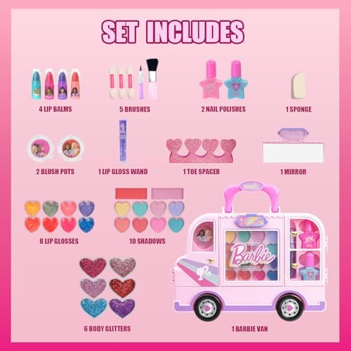 Barbie Car Makeup Kit for Girls, Real Washable Toy Makeup Set, Barbie Gift, Play Makeup and Pretend Play Toys, Perfect for Birthdays, Parties, Sleepovers & Makeovers, Ages 6 and up, by Townley Girl