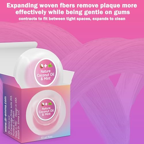 Dr. Emma Woven Dental Floss Coconut Oil Infused Expanding Dental Floss, Oral Care Stretchable Floss, Mint 33yd Pink, Pack of 4