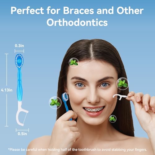 Disposable Mini Travel Toothbrushes, 5-in-1 Pre-Pasted Mini-Brush+Floss+Pick+Tongue Scraper,On The Go Toothbrush with Freshening Bead, Coolmint, 40 Count