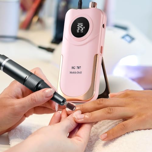 Portable Nail Drill Cordless,35000 RPM Electric Nail File with Holder,Rechargeable Nail Drill E Filer for Nails,Electric Nail Buffer Nail Filer Electric Tool for Women (Pink)