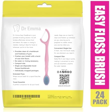 Dr. Emma Mini Brush Disposable Toothbrushes with Floss, Travel Mint Toothbrush for On-The-Go Use, 24 Packs Individually Wrapped Small Portable Toothbrush, Pink