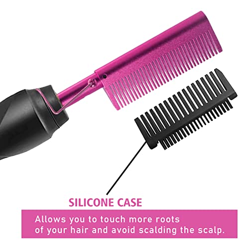 Goiple Electric Hot Comb Pink Hair Straightener Electrical Straightening Comb Curling Iron for Natural Black Hair Wigs with Wide Tooth/Rat Tail Comb, Wax Stick, Wig Cap, Edge Band, Hair Clips