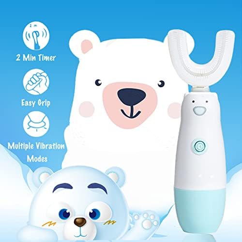Kids Electric Toothbrush，U Shaped Toothbrush Waterproof Battery Powered 360 Automatic Sonic Toddler Toothbrushes for 8-13 Years Old for Boys Girls ，with 2 Replacement Brush Heads（Blue）
