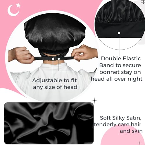 BONNET QUEEN Silk Bonnet for Sleeping Women Satin Bonnet with Eye Mask Non Slip Hair Wrap for Curly Hair Night Sleep Cap Black