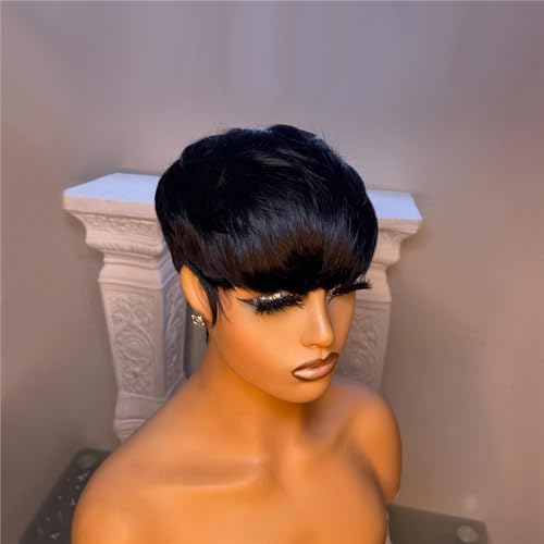 Short Bob Wig Human Hair for Black Women Pixie Cut wigs Human Hair Glueless Wig None Lace Front Wig with Bangs Natural Black Straight Full Machine Made Short Layered for daily use 1B