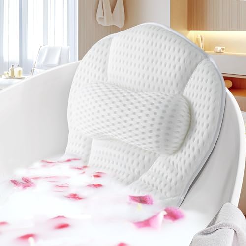 Bath Pillow Bathtub Pillow, Luxury Bath Pillow for Neck and Back Support - with Comfortable 5D Breathable Cotton and Non-Slip Suction Cup Bathtub Accessories - Spa Bath Mat Gifts for Women