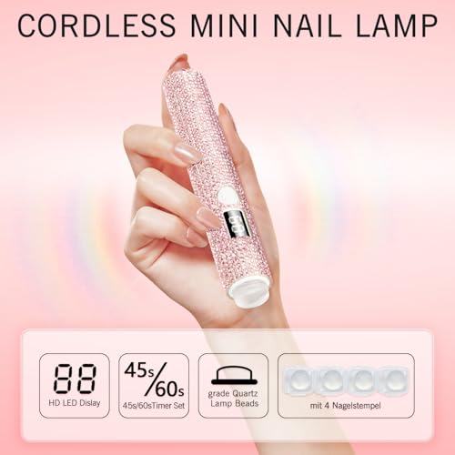 Glitter UV Nail Lamp for Handheld, Portable Mini UV Light for Gel Nails, Gel Nail Stickers for Fast Curing, LCD Screen Polish USB Nail Dryer for Home DIY Manicure, Pink Diamond