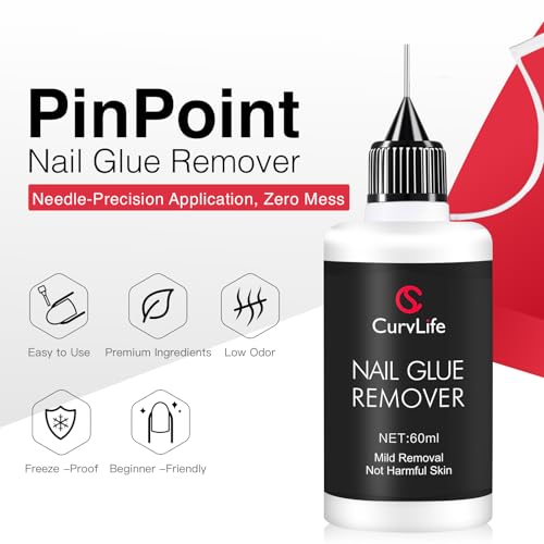 Curvlife Pinpoint Nail Glue Remover for Press on, 60ml Nail Remover for Nails Tips, Gentle Glue Remover for Gel x Nails, Non-Acetone Nail Polish Remover