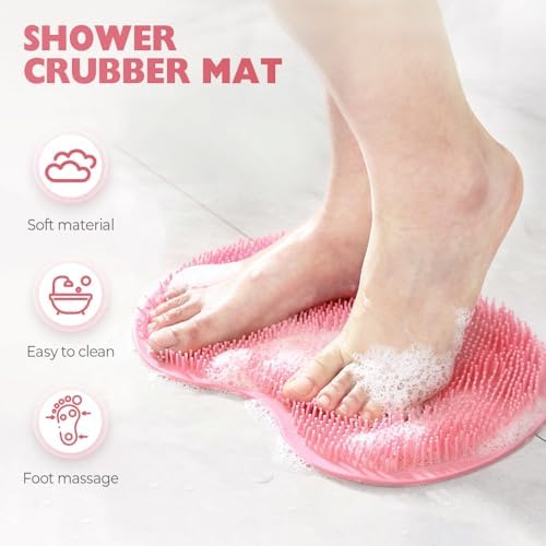 Silicone Shower Foot Scrubber Mat, 2025 New Foot Back Cleaning Pad Back Washer Exfoliating Bath Wash Pad, Shower Foot Scrubber Mat with Non-Slip Suction Cups (Blue)