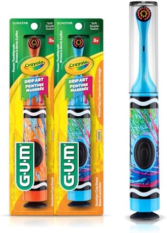 GUM Crayola Power Toothbrush for Kids, Extra Soft Bristled Toddler Toothbrushes, Travel Cap + Suction Cup Base, Batteries Included, 1 Count(Pack of 2)