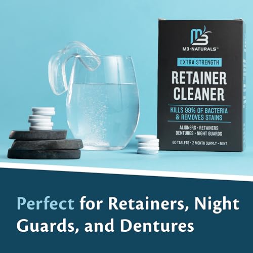 Retainer Cleanser Tablets Cleaner, Removes Odors Discoloration Stains and Plaque 2 Month Supply Denture Cleansers Retainers Mouth Guards Denture Bath Mint by M3 Naturals