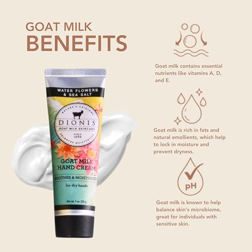 Dionis - Goat Milk Skincare Scented Hand Cream (1 oz) Set of 6, Moisturizing Lotion for Dry Skin, Good for Sensitive Skin, Cruelty-free and Paraben-free (Water Flowers & Sea Salt)