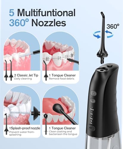 Demita Cordless Water Flosser for Teeth, 300ML 3 Modes 5 Jet Tips Portable Electric Flosser Pick for Adults, IPX7 Waterproof Oral Irrigator Cleaning Kit for, Gums, Braces Care(Black)