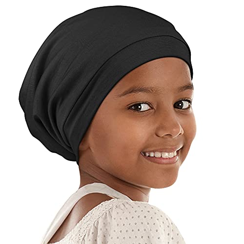 Kids Beanie Sleep Hats Bonnet for Night Sleeping Skull Cap to Keep Hair Smooth Adjustable Black