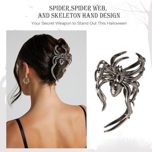 4 PCS Spider Metal Claw Clips, Gothic Hair Claw Clips for Women Girls, Non-Slip Hair Claws for Thick Thin Hair, Spider Web Skeleton Hand Skull Medium Hair Accessories for Women Halloween Party (Black)
