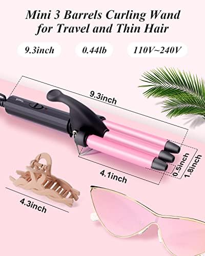 Mini Hair Crimper 1/2 Inch, Small 3 Barrel Curling Iron Hair Waver Dual Voltage for Home and Travel, Triple Ceramic Tiny Barrels Create Natural Tight Beachy Waves, Pink