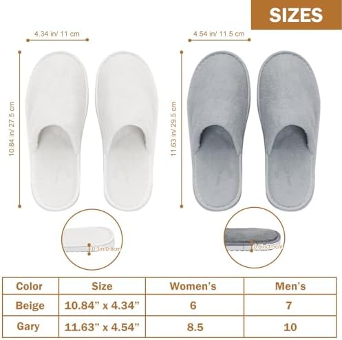 AQUEENLY 6 Pairs Disposable Spa Slippers for Guests, Hotel Slippers, Non-Slip Indoor Slippers for Women & Men, White Grey, Size 9.5-10.5 Women/11-11.5 Men