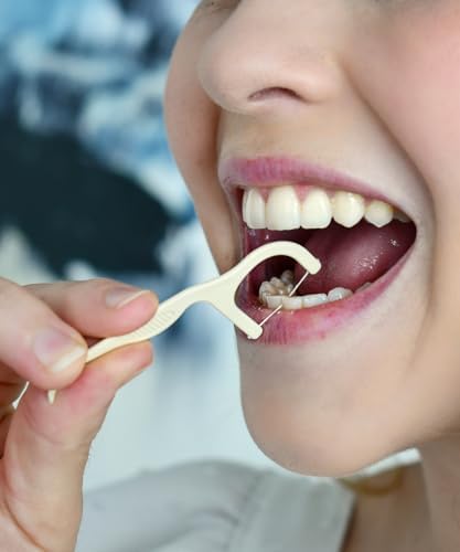 Floss Picks Biodegradable (200pcs) - Natural Dental Floss Picks, Vegan, Sustainable, Reusable, Shred Resistant and Nontoxic Plant-Based Material - Single Thread Mint