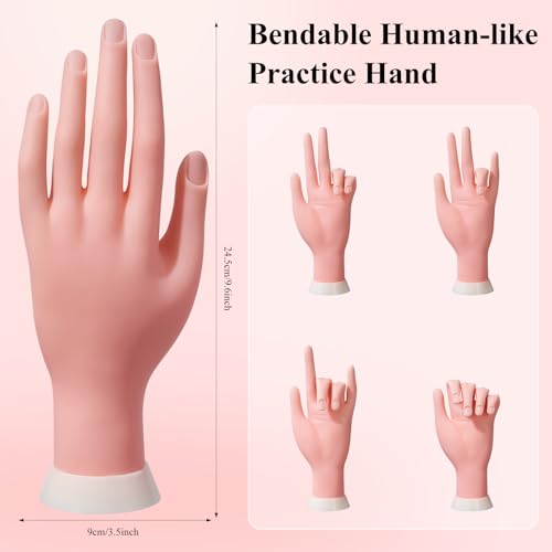 Practice Hand for Acrylic Nails,Nail Mannequin Hands for Nails Practice,Fake Nail Training Hand Manicure, Flexible Bendable Nail Hand with 100PCS Nail Tips,Painting Pen,Nail Clay and Nail Rhinestones