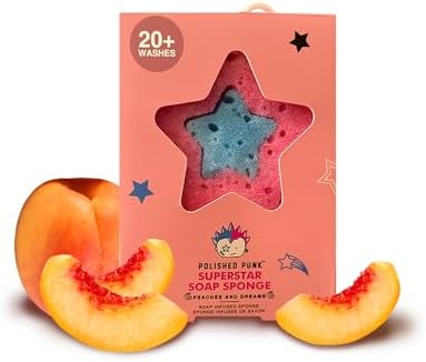 All-Natural Soap-Infused Sponge for Kids and Tweens Body Wash, Gentle on Skin, 20+ Uses (Peaches and Dreams)
