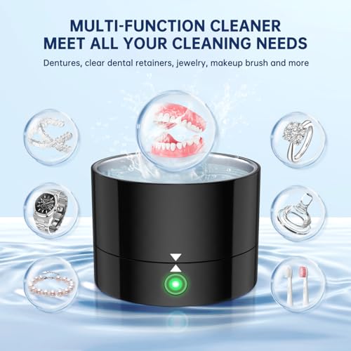 Rechargeable Ultrasonic UV Retainer Cleaner, 5000mAh Battery, Sonic Dental Cleaning Machine for All Dentures, Aligners, Braces, Retainer, Mouth Guards, Jewelry, Portable 42kHz (Black)