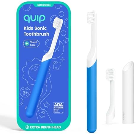 Quip Sonic Toothbrush for Kids with Timer - Includes Extra Brush Head and Travel Cover Mount - Electric, Soft Bristle Refill Head, Rubber Handle, 3 Month Battery Life - Travel Toothbrush - Blue