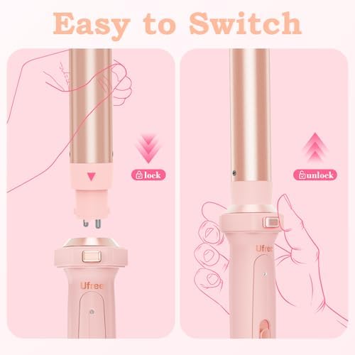 Ufree 5 in 1 Curling Iron with Ceramic Barrels (0.35"-1.25"), Curling Wand Set with Flat Iron Hair Straightener, Instant Heat Up, Dual Voltage Hair Curler, Gifts for Women, Pink