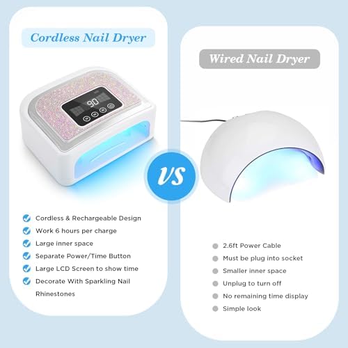 Cordless Nail Lamp, Rechargeable UV Nail Lamp for Gel Nails, LED Nail Lamp with 4 Timer Modes, Gel Nail Light Decorate with Sparkling Nail Rhinestones Diamond (Sparkly Diamond and White)