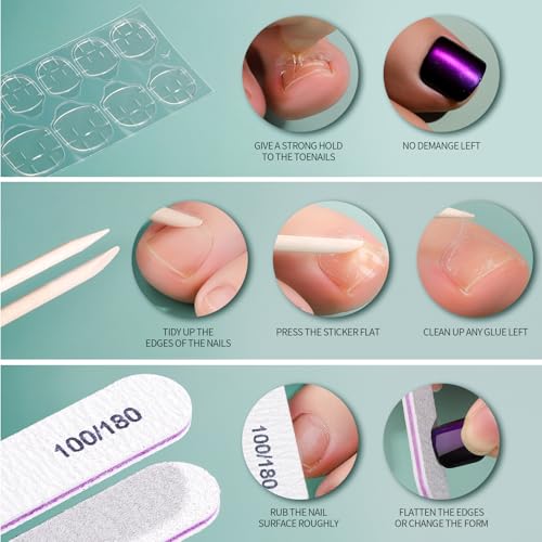 FANDAMEI Press On Toenails - 24 Colors Short Square, French Tips Cat Eye Toe Nail Press Ons for Women & Girls, Red Fake Toe Nails, Ombre Glossy Visual Effect