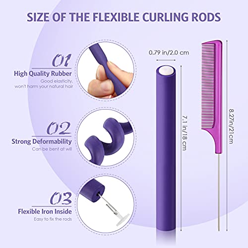 Syhood 30 Pieces Flexible Curling Rods Twist Hair Rollers Soft Foam Rods No Heat and 1 Pcs Steel Rat Tail Comb for Women Long and Short Hair(7 x 0.8 Inch,Purple)