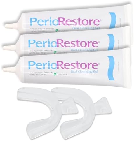 Perio Restore® Gel 3 Ounce Tube; 3 Pack. 1.7% Hydrogen Peroxide Oral Cleansing Treatment Gel. Includes Two (2) Trays for Ease of Application. Mint Flavor