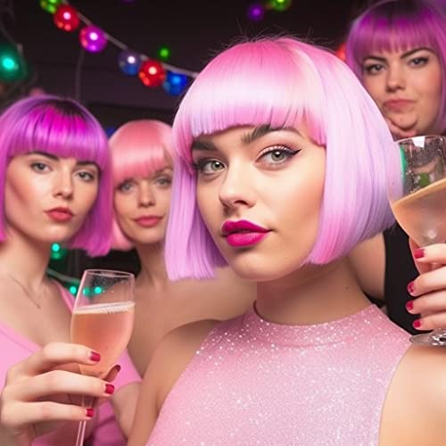 Short Bob Wig, 4 Pieces Colorful Wigs, 12" Cosplay Wigs with Flat Bangs, Neon Colored Wig for Women Party Favors Bachelorette Party Night Club with Extra Wig Cap