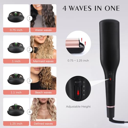 Crimper Hair Tool with 3 Ceramic Barrels, Beach Waves Curling Iron 3/4 & 1 & 1 1/4 Inch, Deep Waver with 4 Heat Settings, Adjustable Curling Wand for Long Hair Women, Dual Voltage