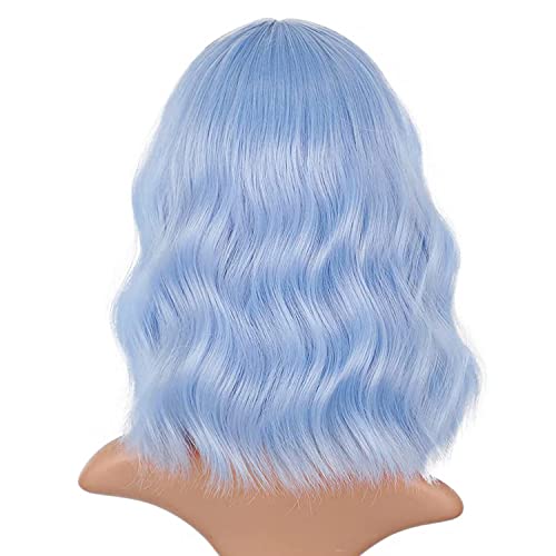 Light blue Short Bob Wigs with Bangs for Women Loose Wavy Hair Shoulder Length Wigs Synthetic Colorful Wigs for Cosplay Daily PartyUse(Light blue，12inch)