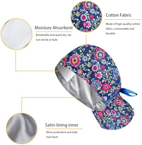 6Pcs Satin Lined Scrub Caps Women Ponytail, Adjustable Surgical Caps for Women, Scrub Hats, Nurse Cap, Nurse Surgical Hat with Button and Sweatband, Elastic Ponytail Pouch Tie Back