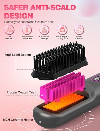 Cordless Hair Straightener Brush for Travel,Mini Hair Straightener Comb with Negative Ion,Portable hot Brush Hair Straightener for Women, Rechargeable 9600mAh Battery, Anti-Scald,12 Temp-Setting