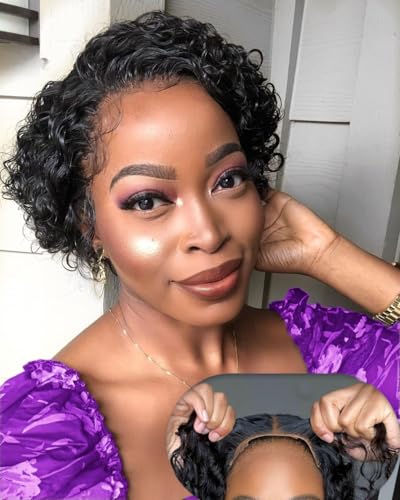 Pixie Cut Wig Human Hair 4X4 HD Lace Short Curly Wigs Wear and Go Glueless Wigs Pre Plucked Pre Cut Short Curly Glueless Bob Wigs Human Hair for Women 6 inch Natural Color