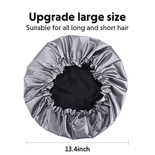 Shower cap for women,Luxury Silk Lined Shower Cap, Machine Washable, Adjustable Size & Reusable,Large Satin Shower Cap for all hair-gray
