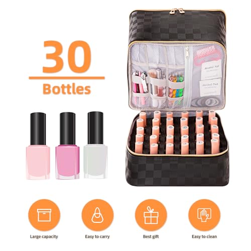 Portable Nail Polish Organizer Bag with UV Light Case - Holds 30 Bottles and 1 UV Nail Lamp, Double-Layers Nail Dryer Case for Gel Nail Polish Kit, Nail Art Decorations（Checkered Black）