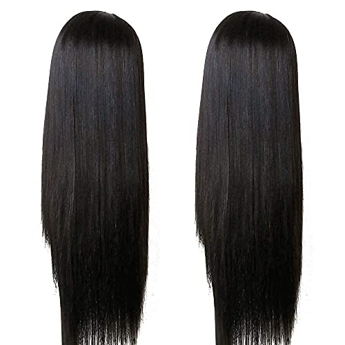 Long Straight Remy Hair Wigs Natural Black Heat Resistant Fiber Hair Full Machine Wig with Bangs Cosplay Party Wig For Fashion Women (24 Inch)
