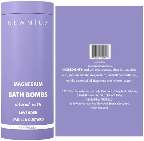 Magnesium Lavender Vanilla Luxury Fizzing Bath Bomb Sensitive Skin Formula for Relaxation Bath Moisturizing Shea Butter Stress Relief Gift for Women