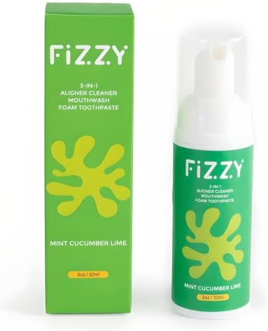 Fizzy 3-in-1 Foam Cleaner for Aligner, Retainer, Denture, Night Guard, MouthGuard, Invisalign | Free of Alcohol, SLS, Fluoride | Xylitol Mouthwash & Foam Toothpaste| Travel-Size, Mint Cucumber