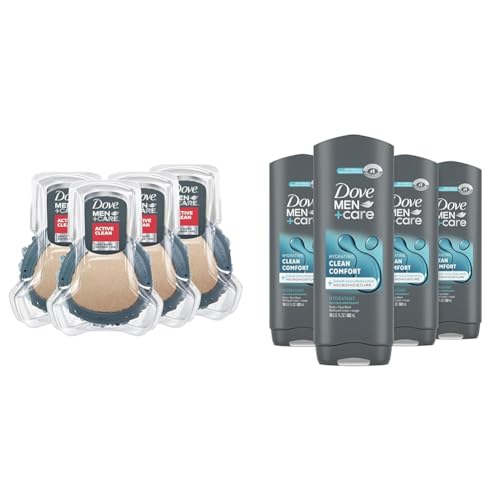 DOVE MEN + CARE Shower Tool for Stronger Skin - Active Clean Scrubs and Exfoliates, 4 Pack & Body & Face Wash