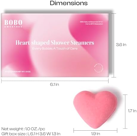 Shower Steamers Aromatherapy Heart-Shaped Pink with Rose Scent Natural Essential Oil for Self Care Home Spa Birthday Gift Daughter Wife Mom, Pack of 6 (Pink)