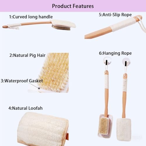 Shower Body Brush with Bristles and Loofah,Back Scrubber for Shower for Bath or Dry Brush,Back exfoliating Body Scrubber Shower Scrub Brush Long Handle for Women and Men